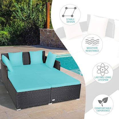 Tangkula Outdoor Rattan Daybed, Sunbed Wicker Furniture w/Spacious Seat, Upholstered Cushion & High-Resilience Sponge, Wicker Patio Sofa Set w/Extra Pillows for Courtyard Poolside(Turquoise)