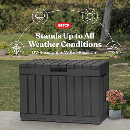 Keter Kentwood 50 Gallon Resin Deck Box for Outdoor Storage – Weather‑Resistant Balcony & Patio Box for Cushions, Throw Pillows & Garden Tools, Dark Grey