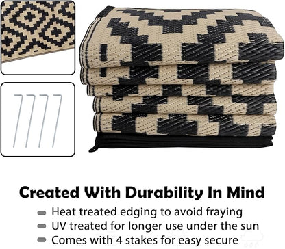 SAND MINE Waterproof Outdoor Rug 8x10 ft, Plastic Reversible Rug, Modern Area Rug, Large Floor Mat for Outdoors, RV, Patio, Backyard, Deck, Picnic, Beach, Camping, Black & Beige