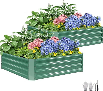 ZORMY 2 Pcs 4x4x1ft Galvanized Raised Garden Bed Outdoor, Metal Planter Boxes with Easy Assembly, Planter Raised Beds for Gardening, Flower, Plants, Vegetable, Herb - LotusGreen