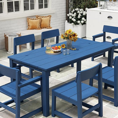 7 Piece Outdoor Dining Table Set HIPS Patio Dining Sets with Umbrella Hole Outdoor Furniture for 6 All Weather Patio Furniture Set for Outside Deck Backyard Poolside Garden, Deep Blue