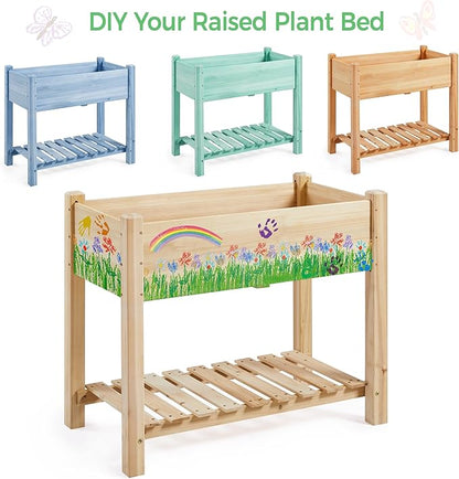 Yaheetech 34x18x30in Horticulture Raised Garden Bed 2pcs Planter Box with Legs & Storage Shelf Wooden Elevated Vegetable Growing Bed for Flower/Herb/Patio/Balcony, Natural Wood