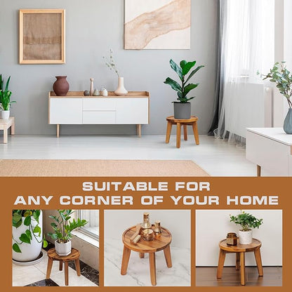 Demigo Indoor Plant Stand, Acacia Wooden Decorative Plant Shelf with Spill-Proof Tray, Stable 8” Tall Flower Holder for Heavy Pots, Gardening Display for Decor Living Room Patio - Natural Brown