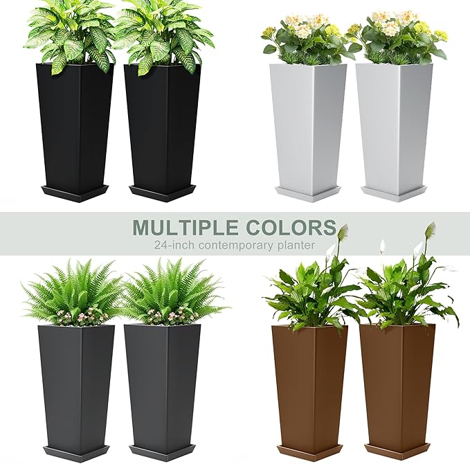 Set of 2 Large Planters for Outdoor Plants 24" Tall Tapered Modern Flower Pots with Drainage Tray for Garden, Patio, Porch (Brown)