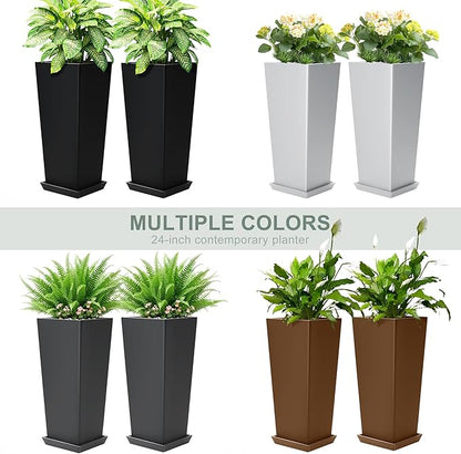 Set of 2 Large Planters for Outdoor Plants 24" Tall Tapered Modern Flower Pots with Drainage Tray for Garden, Patio, Porch (Brown)