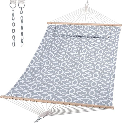 SUNCREAT Double Quilted Hammock with Hardwood Spreader Bar, Extra Large Soft Pillow, Heavy Duty 2 Person Hammock for Indoor, Outdoor, Grey Pattern