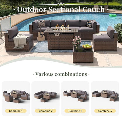 Aoxun 8 Piece Patio Furniture Set with 44” Fire Pit Table Wicker Rattan Outdoor Sectional Sofa Set with Coffee Table and Thickened Cushions, Gray (Waterproof Cover Included)