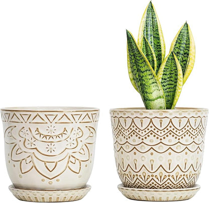 Gepege Beaded Ceramic Planter 6 Inch Set of 2 with Drainage Hole and Saucer for Plants, Indoor-Outdoor Large Round Succulent Orchid Flower Pot (Cream White, Inner-pots not Larger Than 5 Inch)