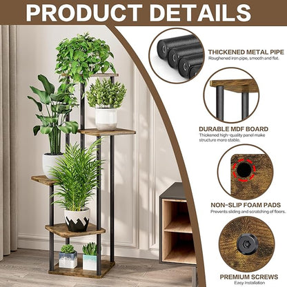 5 Tier Plant Stand Indoor, Thickened Metal Wood Corner Plant Shelf Stands for Multiple Plants, Indoor Tall Plants Stand Tiered Flower Holder for Living Room Patio Garden Balcony(Black+Brown)