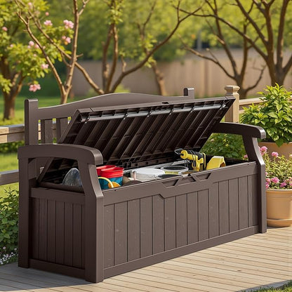 Storage Bench, 75 Gallon Brown Outdoor Deck Box with Padlock Holes