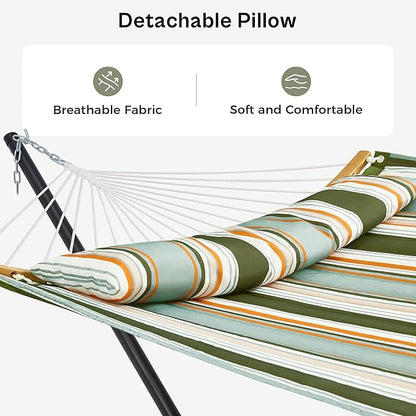 SUPERJARE Hammock with Stand, 2 Person Heavy Duty Hammock with Padded Cotton, Detachable Pillow & Strong Curved-Bar & Portable Carrying Bag, Perfect for Outdoor & Indoor, Retro Green