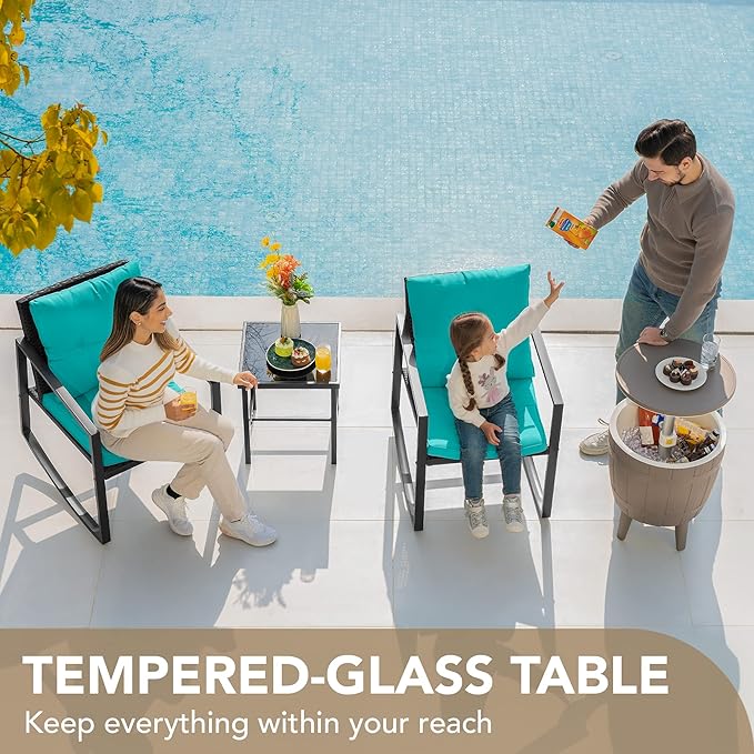Devoko 3 Piece Rocking Bistro Set Wicker Patio Outdoor Furniture Porch Chairs Conversation Sets with Glass Coffee Table (Blue)
