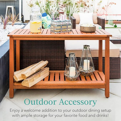 Best Choice Products 48in 2-Shelf Eucalyptus Wooden Console Table Indoor Outdoor Multifunctional Buffet Bar Storage Organizer w/Foot Sliders - Natural