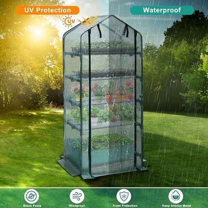 Mini Greenhouse for Indoor Outdoor, 5 Tier Shelves Rack Small Green House Heavy Duty with Waterproof Mat, Portable Plants Seedling Supplies Durable PE Plastic Cover with Tape, Gardening Gifts