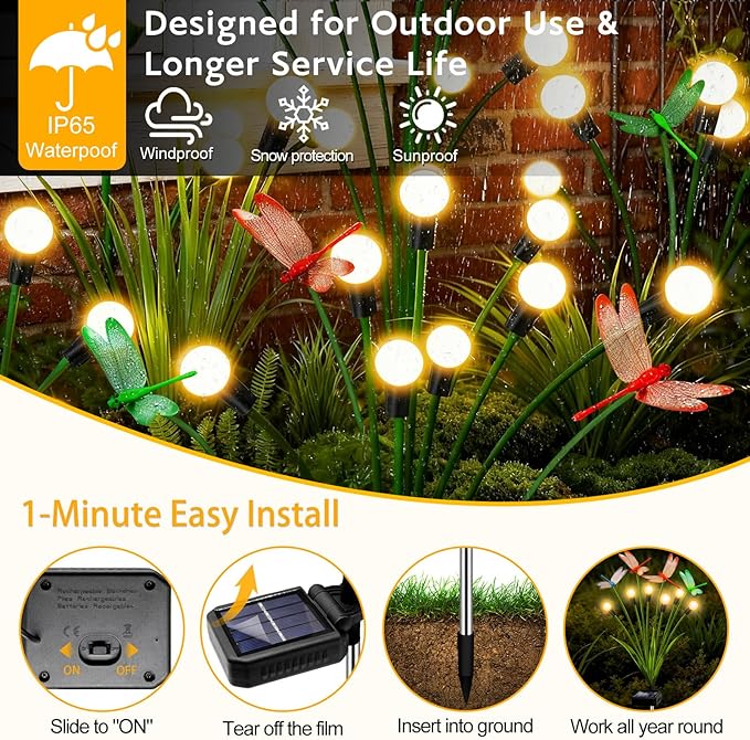 Solar Garden Lights Outdoor - 6 Pack Dragonfly Solar Swaying Light, Sway by Wind, Firefly Lights Outdoor Yard Patio Pathway Decoration, Big Bulb, High Flexibility Iron Wire & Realistic Dragonflies