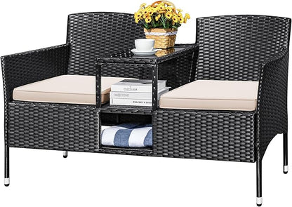 Devoko Outdoor Patio Loveseat Modern Rattan 2-Seat Patio Conversation Set with Cushions & Built-in Coffee Table Porch Furniture for Garden Lawn Backyard (Beige)