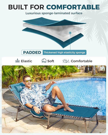 KingCamp Oversized Tanning Chair, Extra-Wide Padded Folding Chase Lounge Chairs Portable Adjustable 5-Position 400lbs Heavy Duty Lounger with Double-Layer Oxford for Outdoor Beach Patio Sun Pool