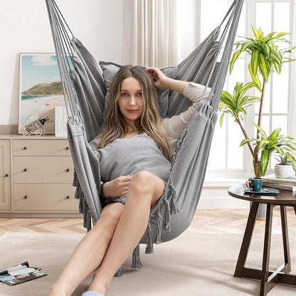 Y- STOP Hammock Chair Hanging Rope Swing, Max 500 Lbs, 2 Cushions Included, Large Macrame Hanging Chair with Pocket for Superior Comfort, with Hardware Kit (Light Grey)