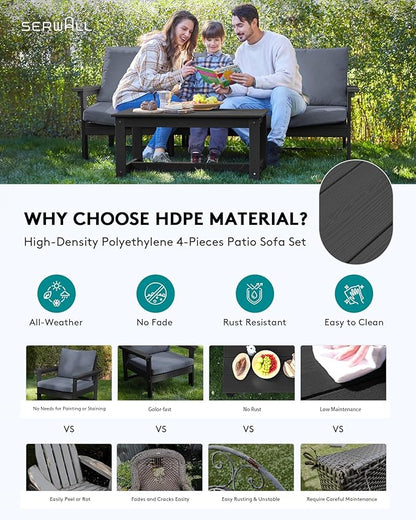 SERWALL HDPE Patio Sofa Set, 4-piece Sectional Outdoor Furniture Set, All Weather Outdoor Couch Set Patio Furniture Set for Deck, Lawn, Black Frame with Grey Cushion