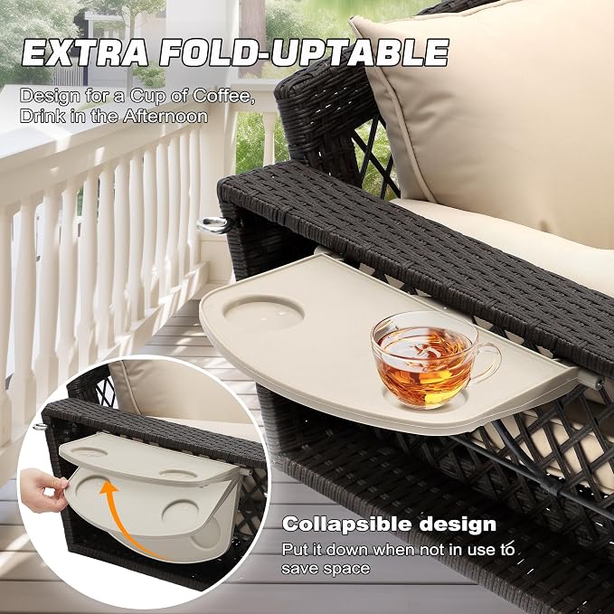 Khaki Brown Wicker Hanging Porch Swing for 3 with Cushion and Chains
