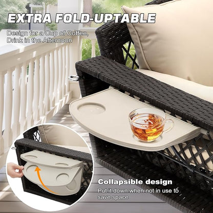 Khaki Brown Wicker Hanging Porch Swing for 3 with Cushion and Chains