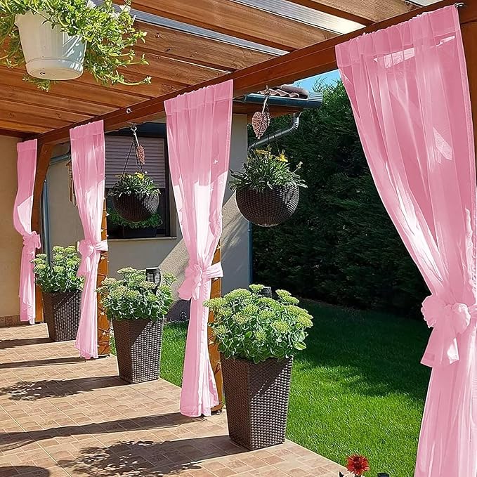 SpaceDresser Waterproof Outdoor Sheer Curtains for Patio - 2 Panels Rod Pocket Indoor Voile Sheer Curtain for Living Room,52W x 120L inch,Light Pink