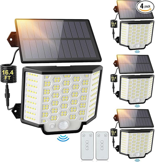 Solar Lights Outdoor Waterproof, 186 Bright LEDs Dusk to Dawn Motion Security Flood Lights with Remote for Outside, Garage,Yard,Patio, 4 Pack