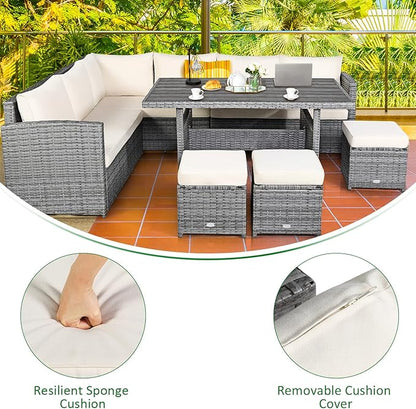 Tangkula 7 Pieces Patio Furniture Set, Outdoor Sectional Rattan Dining Sofa Set with Cushions, All Weather Wicker Conversation Couch Set with Dining Table & Ottomans for Yard Garden Poolside, White
