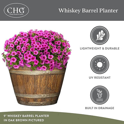 Classic Home and Garden Whiskey Plastic Resin Flower Pot Barrel Planter, Walnut Brown, 20.5" (Pack of 3)