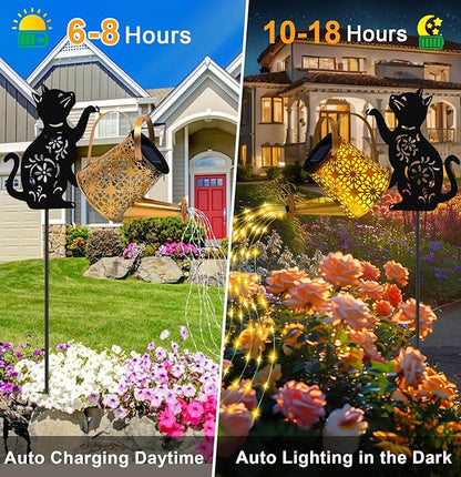 Solar Lights Outdoor Decorative, Watering Can with Cascading Lights, with Cat Silhouette Garden Stakes, Waterproof Metal Garden Decor for Yard Art, Outside, Patio, Lawn 2PACK