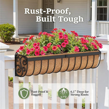 Railing Planter Boxes, 30 Inch Window Boxes Planters, Balcony Planters with Adjustable Brackets & Coco Liner & Support Rod for Outdoor Fence, Deck, Porch, and Patio Gardening, 3 Pack
