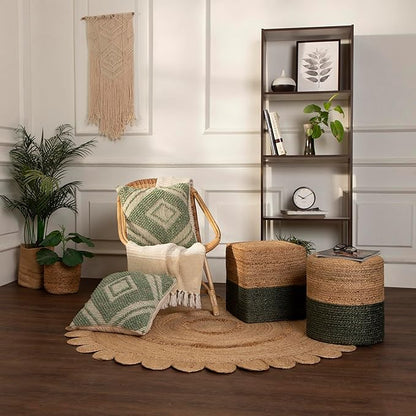REDEARTH · Cube Pouf Foot Stool Ottoman - Jute Braided Pouffe Poof Accent Sitting Footrest for The Living Room, Bedroom, Nursery, Patio, Lounge & Other Rooms (14.5”X14.5”X16”; Natural Olive)