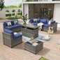 Aoxun 8 Piece Patio Furniture Set with 44” Fire Pit Table Paito Conversation Set Wicker Rattan Outdoor Sectional Sofa Set with Waterproof Cover and Thickened Cushions (Grey/Blue)