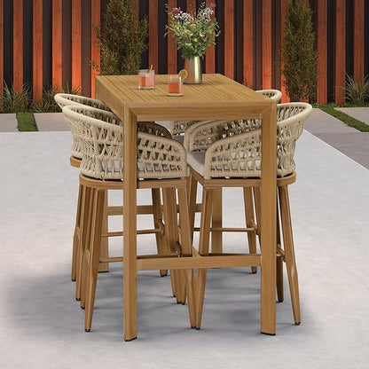 PURPLE LEAF Outdoor Rattan 29" Bar Stools Set of 2, Modern Boho Aluminum Patio Bar Height Chair with Cushion and Back for Outdoor and Indoor, Teak