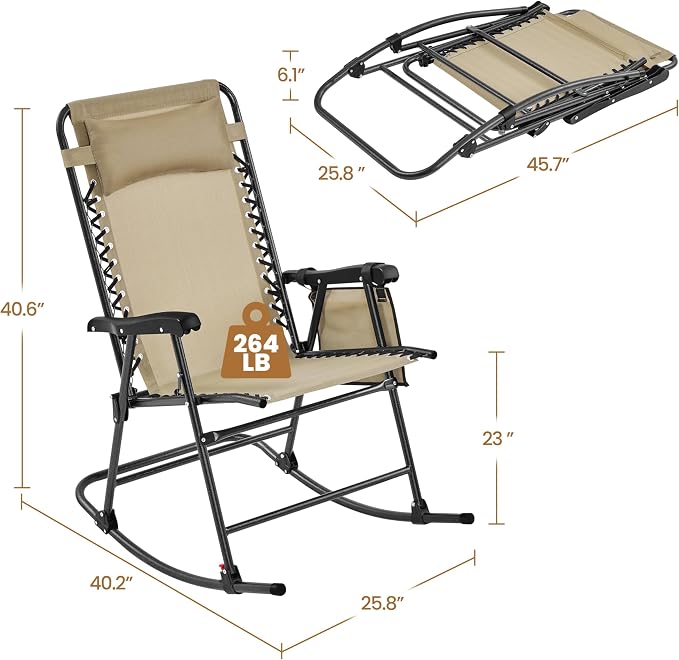 Rocking Chair Outdoor Folding Lounger, Beige Alloy Steel 26in