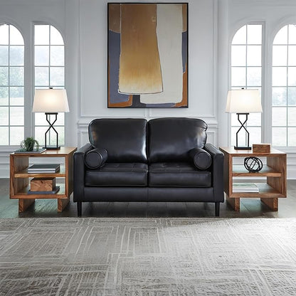 Signature Design by Ashley Bryceview Mid-Century Leather Match Tufted Loveseat with 2 Bolster Pillows, Black
