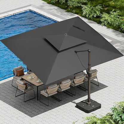 10 X 13 FT Cantilever Patio Umbrella with Led Lights and Base Included Outdoor Heavy Duty Double Top Rectangle Offset Umbrellas with 360-degree Rotation for Pool Deck Backyard, Grey