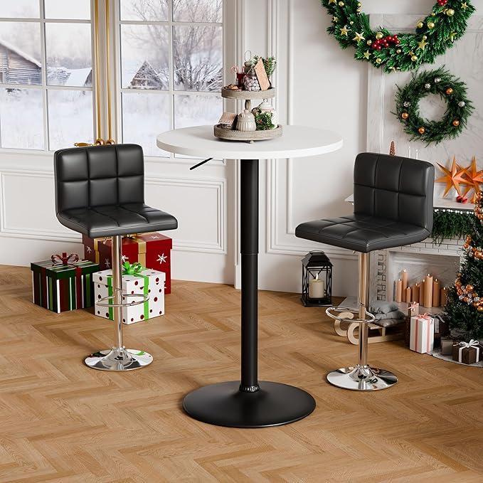 Flamaker Round Bistro Pub Table 23.6 Inch Height Adjustable 360° Swivel Bar Table Metal Base for Pub, Dining Room, Party (2, White-Black)