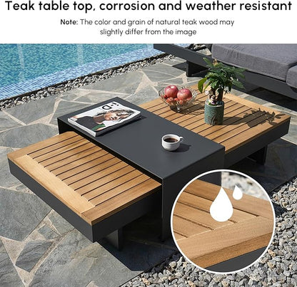 homary Outdoor Conversation Sets, 6 Piece Aluminum & Teak Patio Sectional Sofa Set with Adjustable Backrests, Waterproof Cushions, Ideal for Patios & Balconies | Outdoor Materials, Fade Resistant, Modular design