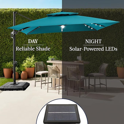 Best Choice Products 12x12ft LED Cantilever Patio Umbrella w/Base Included & 360° Rotation, Large Solar Offset Hanging Outdoor Sun Shade for Deck, Backyard Table w/Stand & Lights – Cerulean