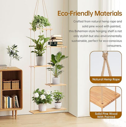 Hemp Rope Hanging Window Plant Shelf from Ceiling for Narrow Space Boho Hanging Plant Shelves, Natural Pine Wooden Plant Hanger Display for Indoor