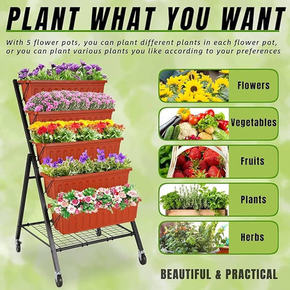 Homdox 2 Pack Vertical Garden Bed, 5 Tiers Vertical Raised Garden Planter, 23 * 26 * 45Inch Outdoor Garden Raised Bed with 4 Hooks, Vegetable Flower Planter Raised Stand for Garden Patio Yard, Brown