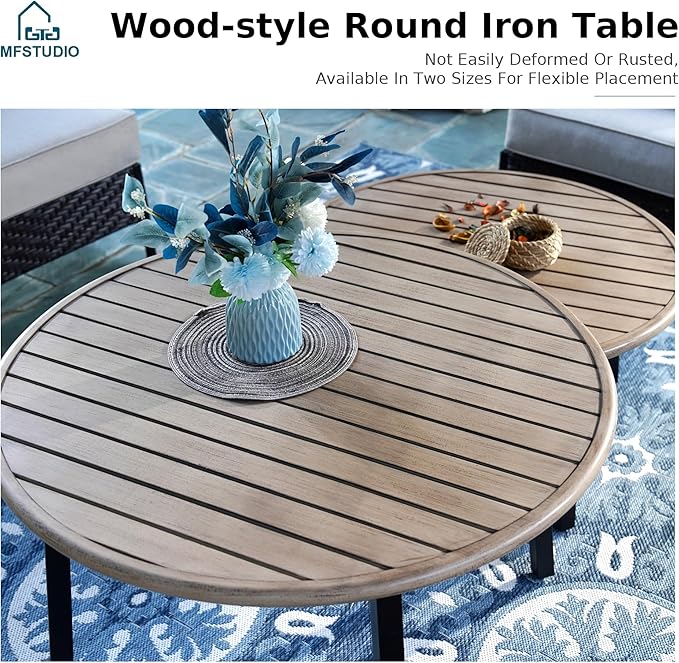 MFSTUDIO Patio Furniture Set, 10 Seats Half-Moon Curved Outdoor Sectional Sofa Conversation Set with 2 Wood-Like Round Table, Woven Rattan Patio Couch for Backyard, Garden, Deck
