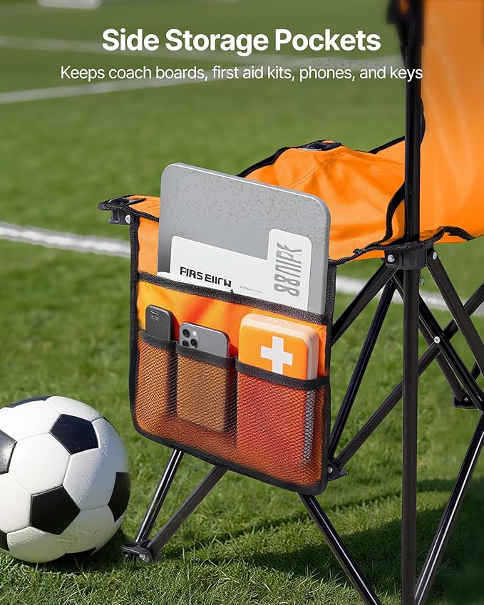 VEVOR Portable Folding Bench, 6 Seat Foldable Soccer Bench with Side Pockets and Carrying Bag, Lightweight Sideline Seating with Back Rest for Football, Baseball, Camping, Outdoor Events, Orange