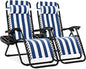 Best Choice Products Set of 2 Adjustable Steel Mesh Zero Gravity Lounge Chair Recliners w/Pillows and Cup Holder Trays - Mediterranean Blue Striped
