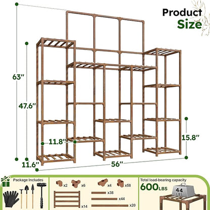 EnHomee 63''H Plant Stand Indoor Tall Plant Stands Outdoor with 7 Tiers and 14 Potted Upgrade Wood Plants Shelves Stand for Living Room Patio Balcony Yard Garden, 11.8''D×56''W×63''H