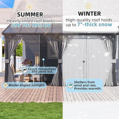 AECOJOY 16' x 8' Gazebo Outdoor Pergola with Curtains and Netting, 8'x16’ Hard Top Lean to Pergolas and Gazebos Clearance with Patio Roof Shelter, Large Wall-Mounted Heavy Duty Metal Awnings for Patio