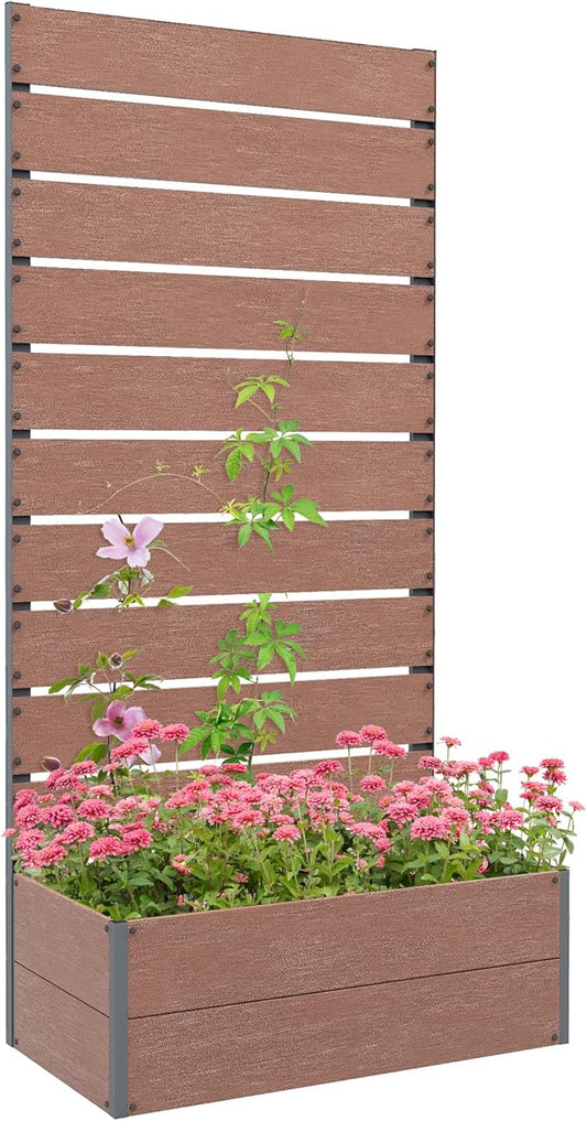 Outsunny Raised Garden Bed with Trellis for Climbing Plants, Planter Box with Self Draining Gap, Freestanding Trellis Planter for Outdoor, Patio, Deck, 28.25" x 15" x 59", Brown