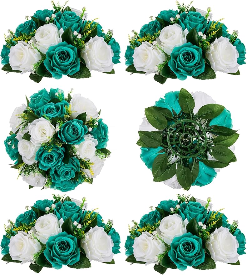 Artificial Flower Centerpieces, Teal and White Silk Roses, 3-in-1
