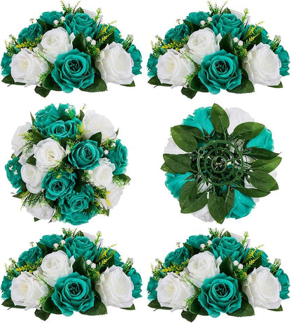 Artificial Flower Centerpieces, Teal and White Silk Roses, 3-in-1